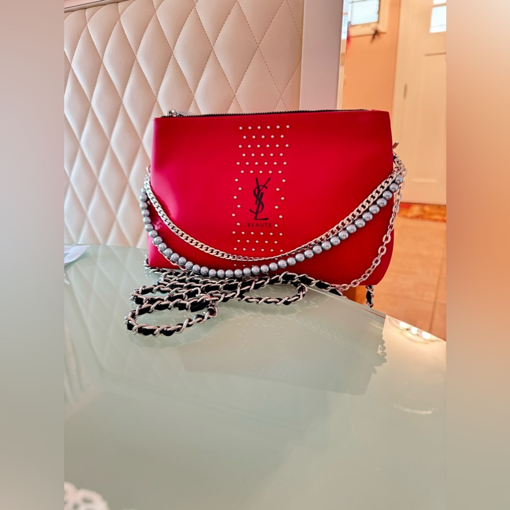 Yves Saint Laurent YSL Red cosmetic Bag Converted Pouch clutch Crossbody Bag New